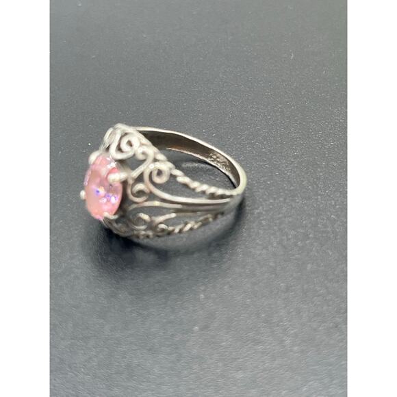 Sterling Silver Vintage Filigree Simulated Pink Sapphire Solitaire Ring 5.25 - Picture 9 of 14